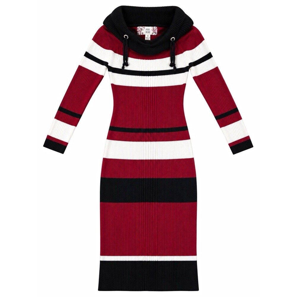 Pink Rose Red/White/Black Knit Midi Sweater Dress Cowl Neck Long Sleeve S